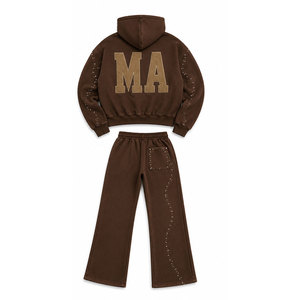 Men Hooded Tracksuit <b>Set</b> 100% Cotton Acid Washed Embossed 450 Gsm Loose Fit Rhinestone Cropped <b>Joggers</b> Casual Wear - Product Image 3