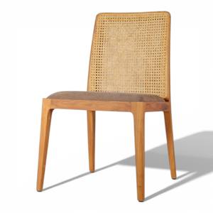 Silla de Comedor Moderna de Madera de Teca de Mediados de Siglo con Respaldo de Ratán Natural y Asiento Tapizado en Tela para Restaurante y Hogar - Product Image 3