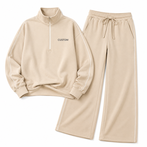Ensemble de survêtement personnalisé pour femme : Pull zippé à quart de tour et pantalon à jambe large avec passepoil contrastant, en molleton doux, style athleisure décontracté, marque privée - Product Image 3
