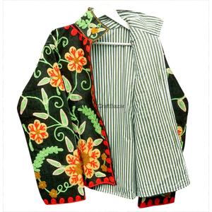 Floral Embroidered Stripe Mandarin Collar Jacket with Covered <b>Button</b> Closure Full Sleeve Women's Cotrise Breathable Spring Coat - Product Image 3