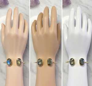 Double Oval Labradorite Gold Bangle | Blue Flash Gemstone Open <b>Cuff</b> | Gold Plated Vintage Style IGI Certified Wholesale Jewelry - Product Image 3