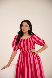 <b>Pink</b> Striped Cotton Midi Dress With Puff Sleeves Square Neck For Women Featuring Lightweight Fabric Modern Style Comfortable Fit - Product Image 4