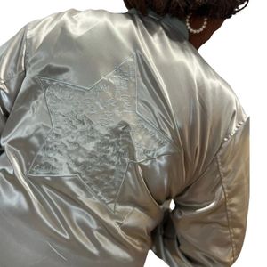 Silver Satin <b>Jacket</b> Women Bomber Style Lightweight Fashion Outerwear Elegant Casual <b>Jacket</b> with Smooth Shiny Finish - Product Image 5