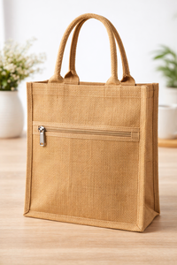 Eco Friendly Jute Tote <b>Bag</b> with Rope Handle Front Zipper Pocket <b>Reusable</b> Shopping Handbag and Steel Puller - Product Image 5