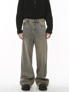 Jean en denim délavé coupe droite taille mi-haute pour homme, respirant, style streetwear, couleur unie, coupe ample, décontracté, automne, polyester/coton - Product Image 3