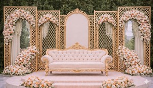 Decoración de Escenario Elite Walima con Paneles de Fondo Jali Tallados con Láser y Detalles en Hoja de Oro, Marcos Metálicos Exclusivos para Bodas - Product Image 4