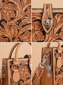 Bolso de Hombro de Cuero Genuino Hecho a Mano para Mujer, Estilo Vaquero Floral, Impermeable, Ecológico, con Cremallera - Product Image 3