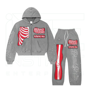 Blouson tendance à capuche et cordon de serrage, noir et rouge, avec motif côtelé, strass vieillis, style streetwear hiver, manches longues, pour homme - Product Image 3