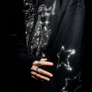 <b>Black</b> Rhinestone Embroidered Hooded Zipper Sweatshirt <b>Men</b> Oversized Streetwear Nonwoven Regular Sleeve Letter Design Front Logo - Product Image 4