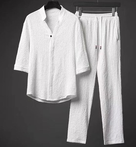 Men's Casual Two Piece Set Solid Color Cotton Shirt Pants Autumn Outfit V-Neck Breathable Woven Fabric - Product Image 5
