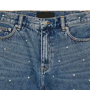 Shorts en jean bleu vintage personnalisés pour femme avec strass sur toute la surface et ourlet orné de strass, style streetwear OEM 2026 - Product Image 2