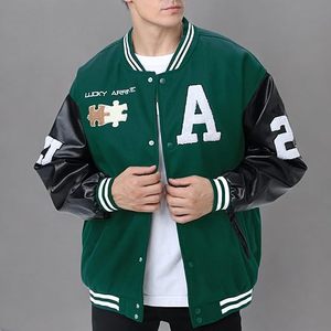 Chaqueta Varsity Verde para Hombre Lucky Arranc con Mangas de PU y Diseño de Parche con la Letra A, Ropa Casual de Otoño - Product Image 1