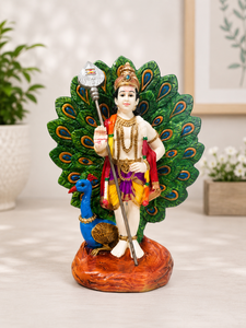 Artisanat Nirmala : Statue artisanale en résine du Dieu hindou traditionnel Lord Murugan Kartikeya avec fond en plumes de paon pour la maison - Product Image 1