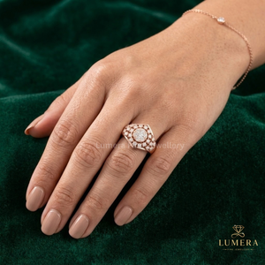 <b>Vintage</b> Inspired Lab Grown Round Diamond Cluster <b>Ring</b> With Layered Halo, Elevated Open Basket Setting And <b>Gold</b> Band <b>Ring</b> - Product Image 1