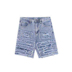 Shorts en jean décontractés brodés, respirants, élégants, unis, délavés, effet usé, coupe ample, séchage rapide, taille mi-haute, faible MOQ - Product Image 4