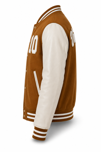 Chaqueta Varsity Unisex Marrón con Mangas Blancas, Letra V Bordada en el Frente, Estilo Preppy, Cuello Camisero, Casual de Invierno, Patchwork - Product Image 3