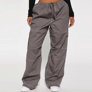 Pantalon cargo gris pour femme, coupe ample, taille mi-haute, avec cordon de serrage, décontracté, utilitaire, longueur intégrale, couleur unie, en toile - Product Image 4