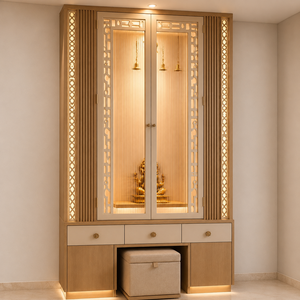 Mandir Tradicional de Madera Rectangular de Lujo para el Hogar, con Luces LED, Puertas de Vidrio Acanalado, Cajones de Almacenamiento, Taburete para Sentarse, Mandir para Pooja - Product Image 3