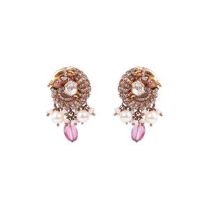 Boucles d'oreilles artisanales en pierre et perles dorées avec des gouttes de pierres précieuses roses |   Boucles d'oreilles ethniques traditionnelles pour femmes - Product Image 3