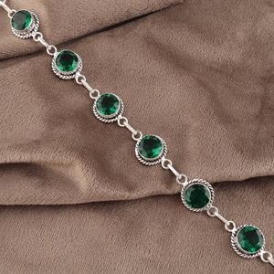 925 Sterling Silver Green <b>Emerald</b> Brass Handmade Tennis Style Fashion Bracelets Round Shape Cut Faceted Cut Gemstones For Women - Product Image 1