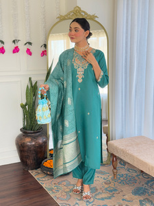 Best Women's Viscose Chanderi solid Straight Teal Blue <b>Kurti</b> with Pant And Naylon Jacquard Printed Dupatta Sets - Product Image 4