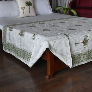 Hand Block Printed Cotton Twin Kantha <b>Throw</b> 150x220 cm Hand Embroidered Handmade Indian Quilt Bedspread Traditional Home Bedding - Product Image 4