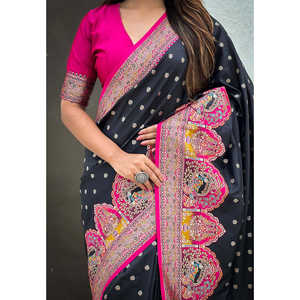 Sari en soie Darbari noire jade tissé avec des fils de zari, écharpe traditionnelle indienne - Product Image 6