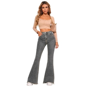 Jeans pour femmes à taille haute, coupe bootcut, denim extensible, coupe slim, bas évasé, jeans décontractés - Product Image 1