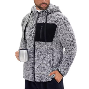 Sudadera con Capucha Sherpa Gris para Hombre, Chaqueta de Forro Polar, Cortavientos, Sudadera con Capucha para Invierno, Corte Regular, Color Sólido, Diseño de Punto, Sudaderas Sherpa - Product Image 1
