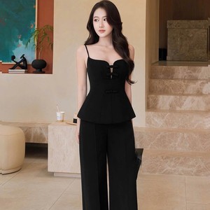 OEM Vintage Korean Style Solid <b>Black</b> Lace up Embroidered <b>Corset</b> Cami <b>Top</b> Wide Leg Trousers Cotton/Bamboo Fiber Two Piece Outfit - Product Image 2