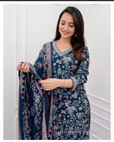 Set Kurti Katun Modern Wanita Ukuran Besar dengan Kurti Lurus, Celana Afghani, Dupatta Chanderi, Bordir Dori, Cocok untuk Musim Panas