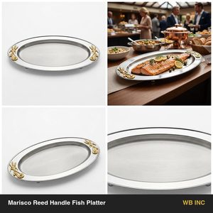Piatto da portata artigianale in acciaio satinato con manico in canna, 60 cm, bordo oro, design Marisco, per barbecue, decorazioni per la casa, hotel, matrimoni - Product Image 6