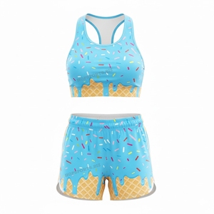 Conjunto de sujetador deportivo y pantalones cortos con estampado de helado para mujer, conjunto de 2 piezas para entrenamiento de verano, gimnasio, yoga, ropa deportiva, ropa de práctica de porristas - Product Image 1