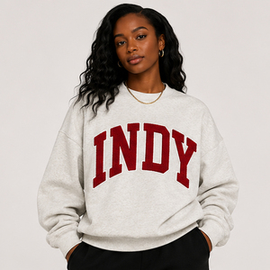 Sudadera Moderna Personalizable con Cuello Alto y Parches de Chenilla Gris Jaspeado, 350GSM, Felpa Gruesa, Estilo Universitario - Product Image 3