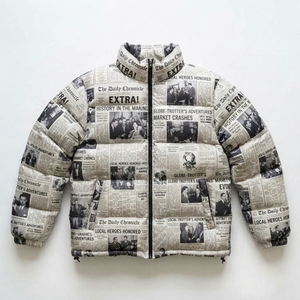 Veste matelassée imprimée pour homme avec motif de journal, coupe-vent, épaisse, pour l'hiver, coupe classique, col rabattable, fermeture éclair - Product Image 1