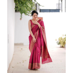 TRADICIONAL BANARASI SOFT JACQUARD TRABAJO SAREE CON BLUSA DESCOSADA ROSA - Product Image 1