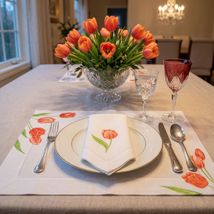 Custom Wholesale Luxury Handmade Embroidered Colorful Tulip Flowers <b>Placemats</b> Napkins Sets Linen Washable Reusable Home Wedding - Product Image 1