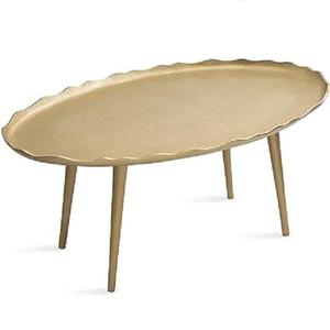Table basse moderne en métal avec plateau en verre ovale, design mid-century, écologique, personnalisable, finition dorée, meubles de salon - Product Image 1