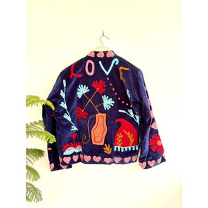 SHYAM EXPORT Knitted Hand Embroidered Velvet Cotton <b>Short</b> Varsity Pullover <b>Jacket</b> Floral Pattern Mandarin Collar Full <b>Sleeve</b> - Product Image 4