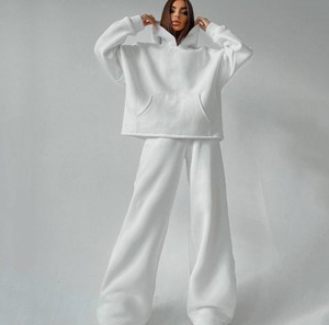 Conjunto de Sudadera con Capucha y Pantalones Anchos de Felpa 100% Algodón para Mujer, Corte Holgado Informal, Color Sólido, 2 Piezas, para Todas las Temporadas, OEM - Product Image 2