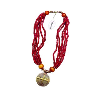 Layered Red Beaded Necklace with Round Gold Tone Pendant, Chunky Boho Ethnic Beaded Statement Jewelry for Women - Product Image 3
