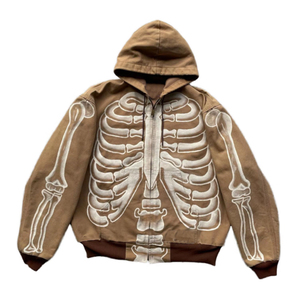 Veste à capuche zippée pour homme, motif squelette, style streetwear vintage délavé, imprimé os, vêtement d'extérieur décontracté et tendance - Product Image 1