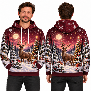 Men's Christmas Deer Snowscape Hooded Sweatshirt Regular Fit Winter Casual Knitted Polyester with Pocket Windproof Breathable - Product Image 1