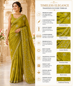 Sari en organza vert olive élégant, brodé, pour mariage indien, en soie, pour femmes, tenue de fête pakistanaise, sari de mariée, vente en gros - Product Image 2