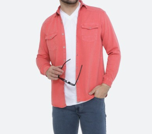 Camisa de Mezclilla Color Coral para Hombre, Manga Larga, Color Sólido, Cuello Clásico, Corte Regular, 100% Algodón Tejido - Product Image 6