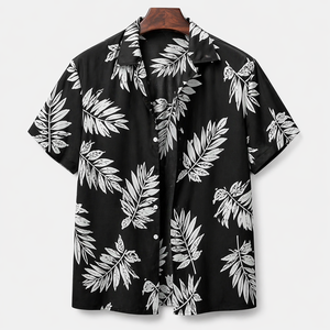 Men's Casual Summer Black White Floral Print Satin Eco-Friendly Quick Dry Breathable Anti-Pilling Short Sleeve Shirt 300 Grams - Product Image 3
