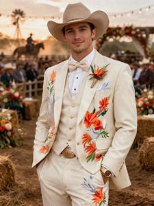 Costume de smoking beige brodé pour homme avec motif d'oiseaux et de fleurs – Blazer de cérémonie pour marié, costume 3 pièces - Product Image 2