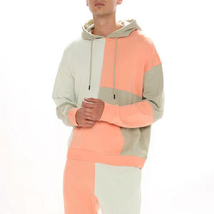 Sweat à capuche patchwork pour homme, vert sauge et pêche, avec poche kangourou, OEM ODM, vêtements en gros - Product Image 5