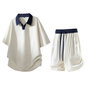 Conjunto de Dos Piezas para Hombre, 100% Algodón, Diseño Color Block, Estilo Casual de Verano, Camisa de Manga Corta con Cuello Solapa y Abertura Media, y Camiseta - Product Image 3