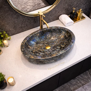 อ่างล้างหน้าหินลาบราดอไรต์สุดหรู พร้อมเคาน์เตอร์หินอ่อนสีน้ำเงิน อ่างล้างหน้าทรงรีทันสมัยสำหรับห้องน้ำในโรงแรมหรือวิลล่า - Product Image 1
